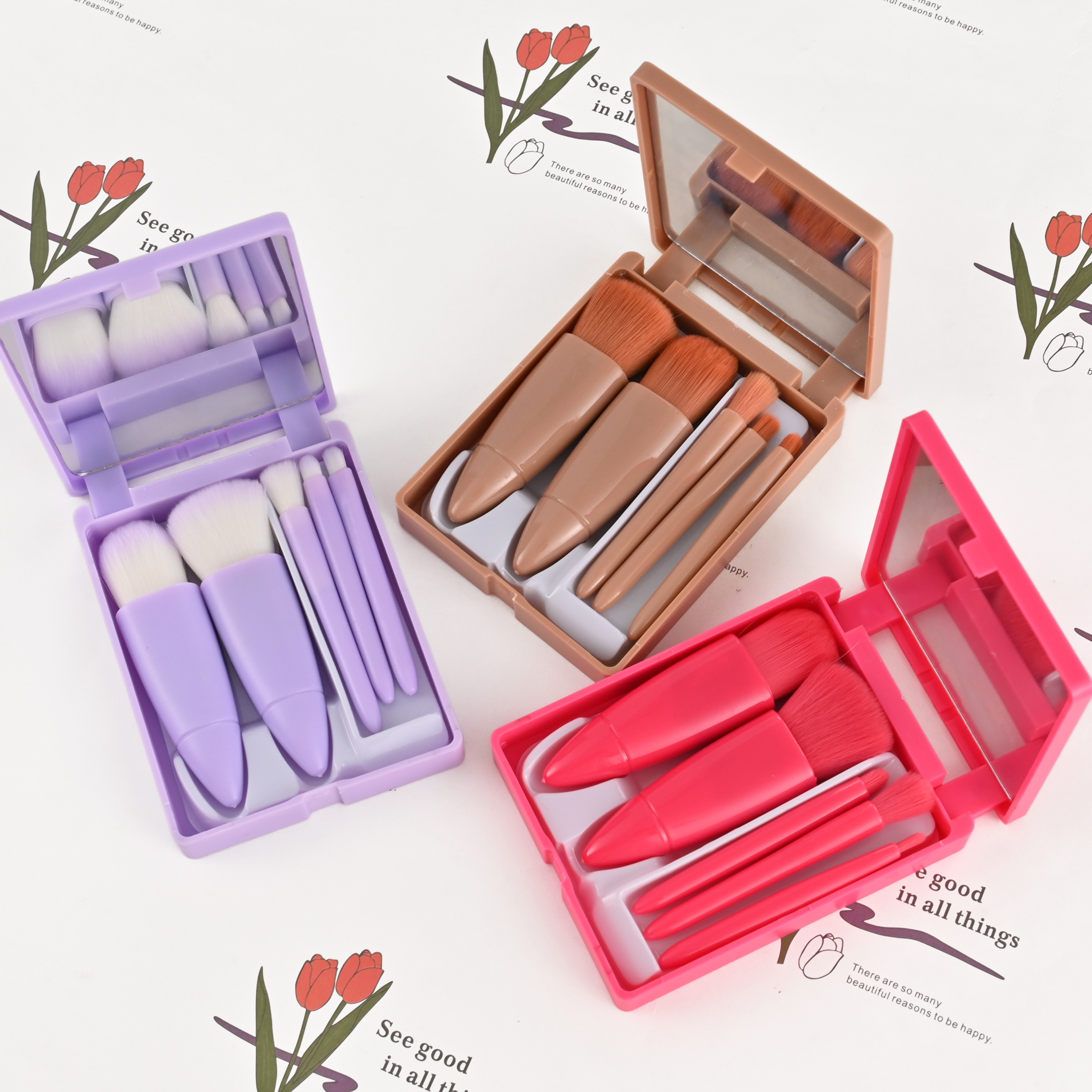 Delivery Within 72H Pink Cute Portable 5Pcs Mini Travel Make up Cosmetic Kabuki Brush Set Cosmetic Brushes Kit With Mirror