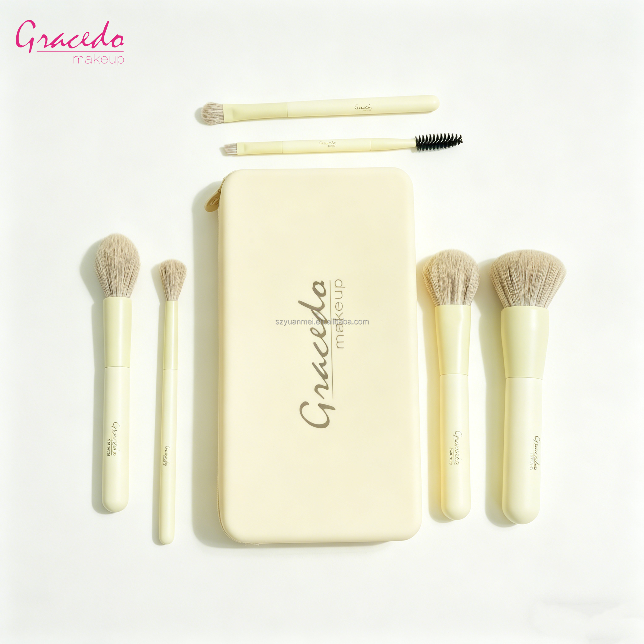 Factory Wholesale 5-Piece Cosmetic Brush Kit Flat Fan Brushes Wood Handle Soft Silicone Storage Pouch Travel-Friendly for Cheek