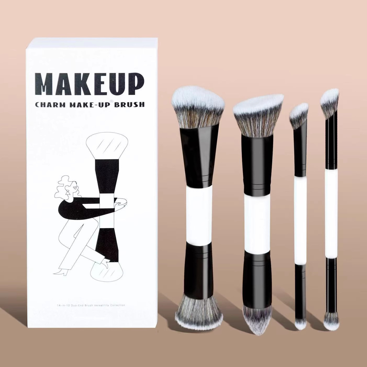 Multi-Functional 4pcs Single Double-Ended Round Wood Handle Angular Blush Custom Logo Face&amp;Eye Concealer Foundation Brush