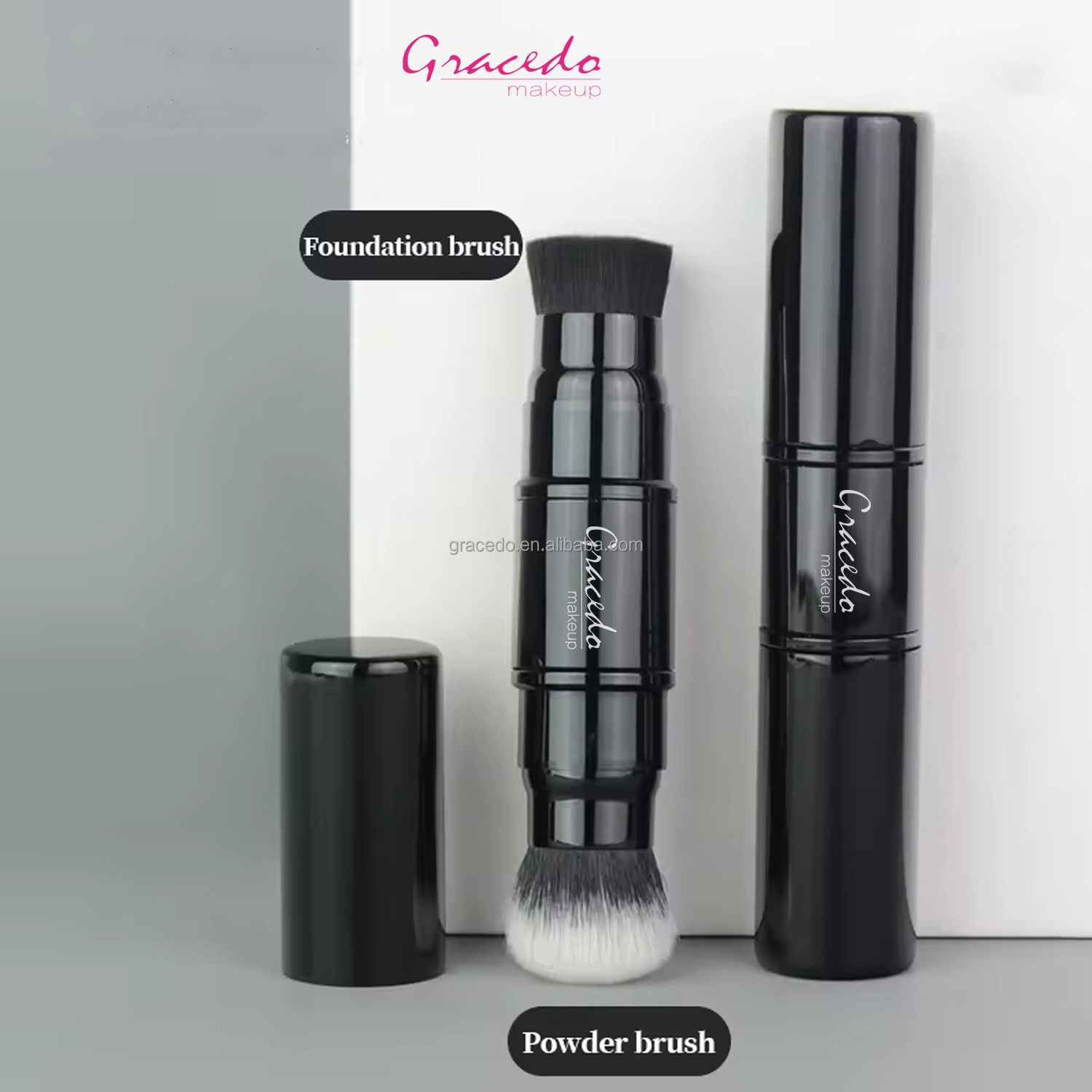 Custom Double Head Retractable Synthetic Hair Face Makeup Brush Black White Dual Ended Foundation Powder Brush Factory Wholesale