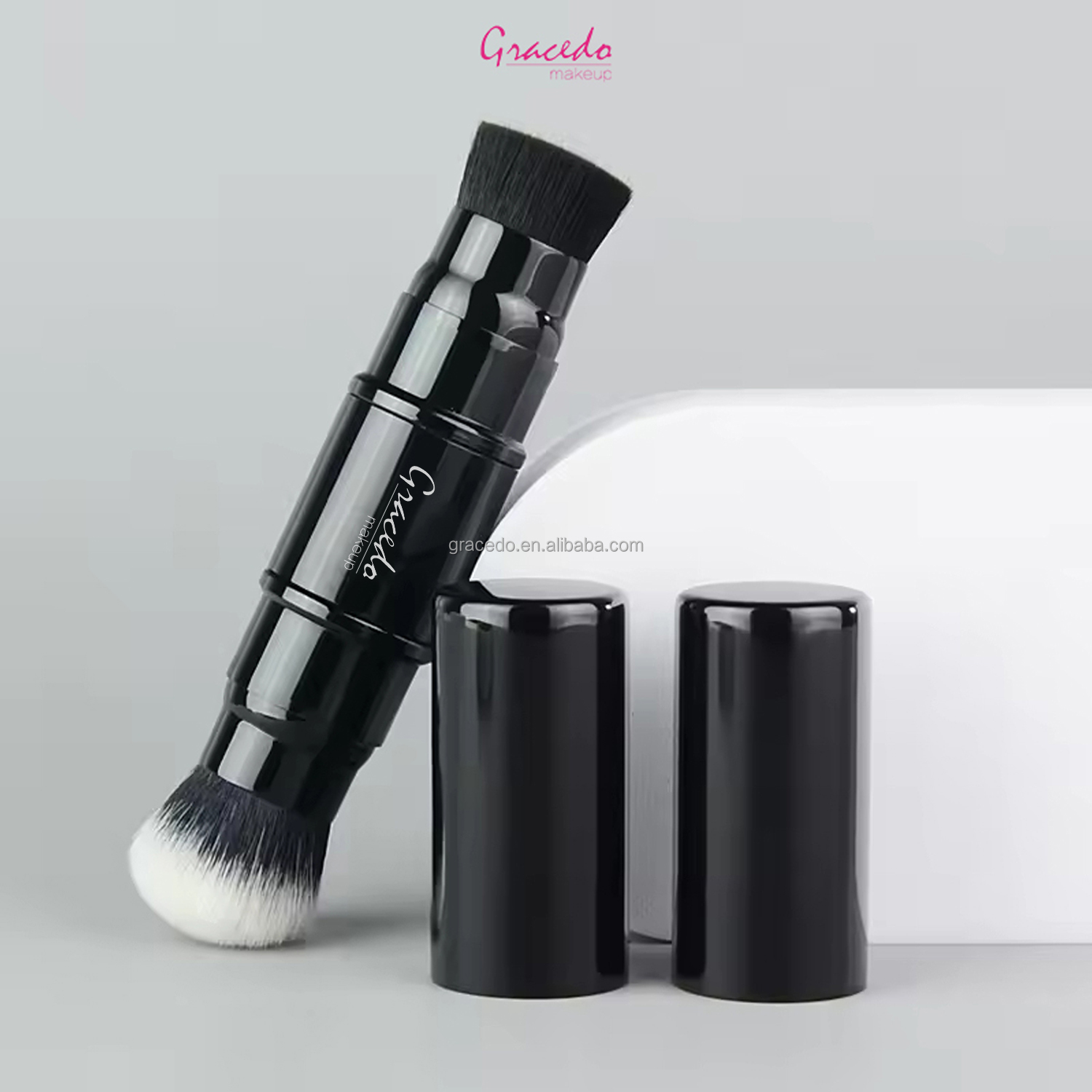 Custom Double Head Retractable Synthetic Hair Face Makeup Brush Black White Dual Ended Foundation Powder Brush Factory Wholesale