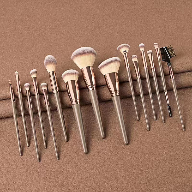 Custom 15-piece Makeup Brush Set, Coffee Color, for Foundation, Highlighter &amp; Eyeshadow