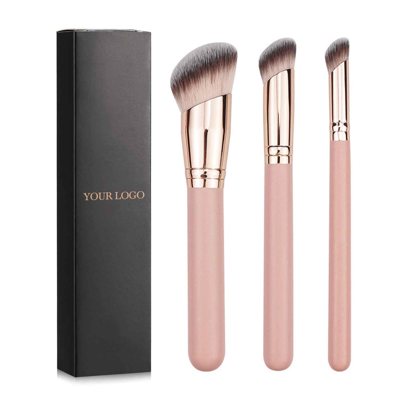 3 Pcs Bulk Contour Concealer Pink Wholesale Travel Custom Logo Vegan High Quality Professional Makeup Brush Set With Packaging