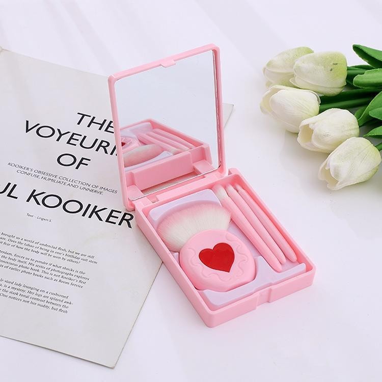 Multifunctional Portable Beauty Tools 5pcs Cosmetic Brush Set with Mirror Powder and Blush Brush for Face Application