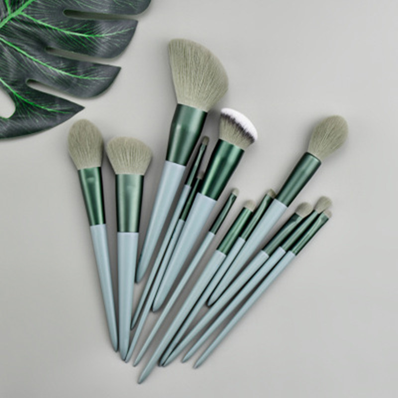 13 PCS Makeup Brush Set Premium Synthetic Green Foundation Blending Blush Face Powder Makeup Brush Kit