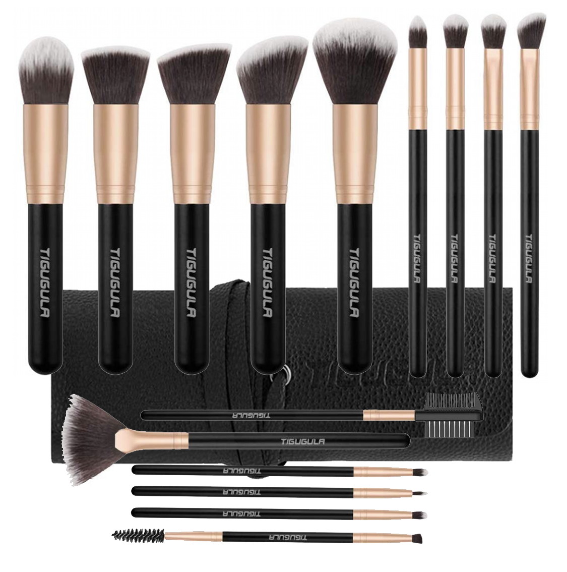 Eye Rose Gold Vegan Goat Hair Professional 15-Piece Makeup Brush Set with Wood Handles Shiny Aluminum Ferrule &amp; Includes Bag