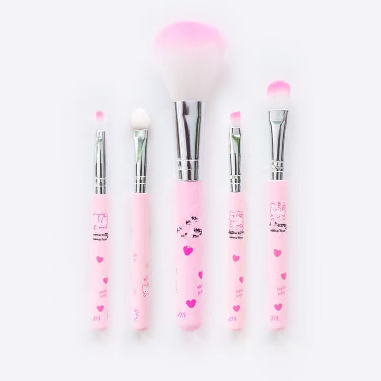 5-Piece Cute Natural Hair Lip Blush Eyeshadow Makeup Brush Set Plastic Handle-Travel-Friendly Smudge Style Drum Shape Cheek OEM