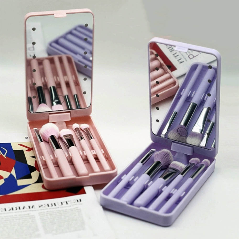 MV Travel Makeup Brush Set with LED Light Mirror 5-Piece Synthetic Hair Face Makeup Kit with Holder Case and Mirrors
