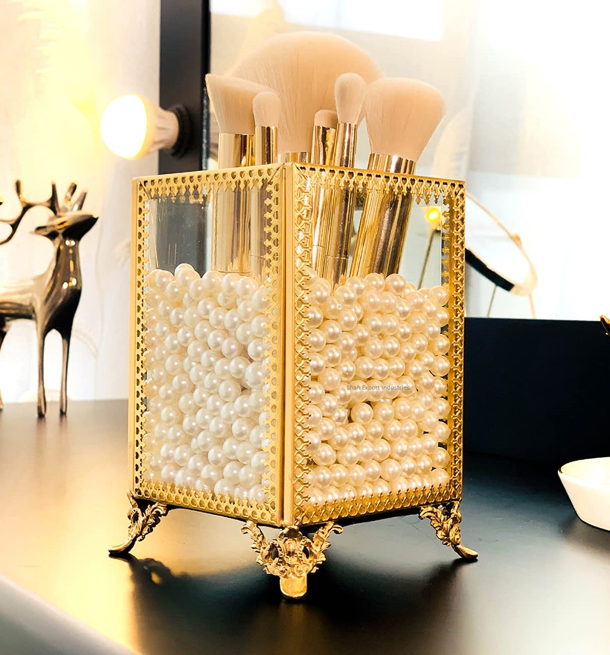 Gold Makeup Brush Holder Organizer Brass/Glass Makeup Brush Cup Vintage Style Cosmetic Brushes Holder