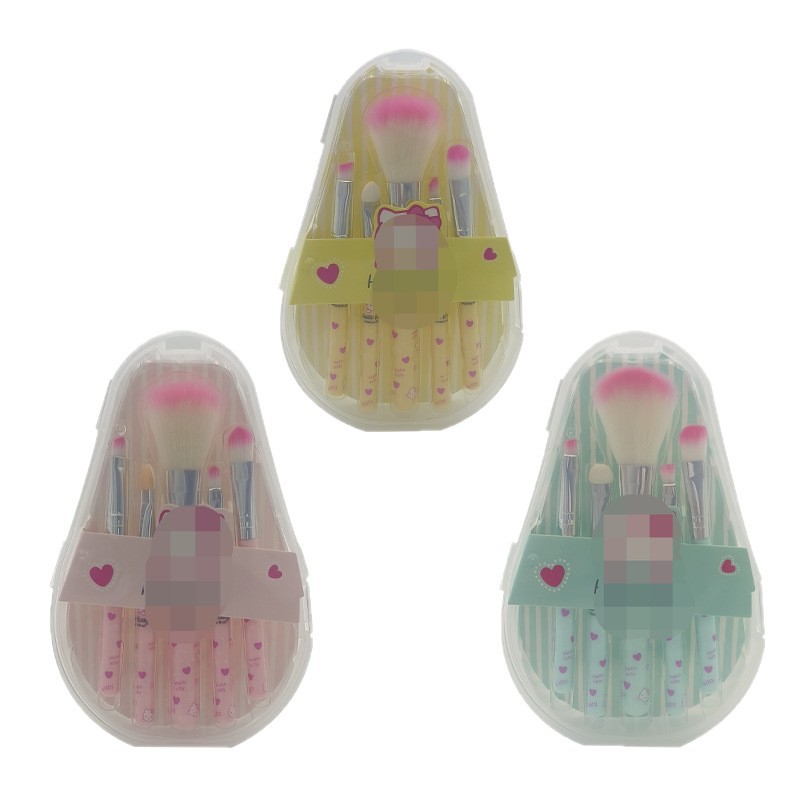 5-Piece Cute Natural Hair Lip Blush Eyeshadow Makeup Brush Set Plastic Handle-Travel-Friendly Smudge Style Drum Shape Cheek OEM