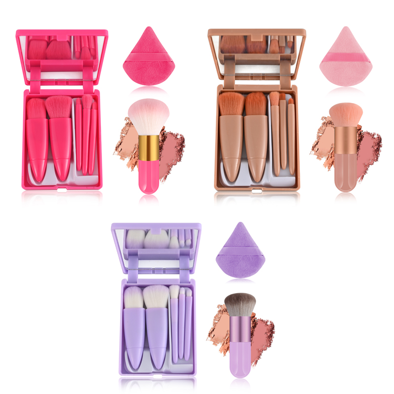Delivery Within 72H Pink Cute Portable 5Pcs Mini Travel Make up Cosmetic Kabuki Brush Set Cosmetic Brushes Kit With Mirror