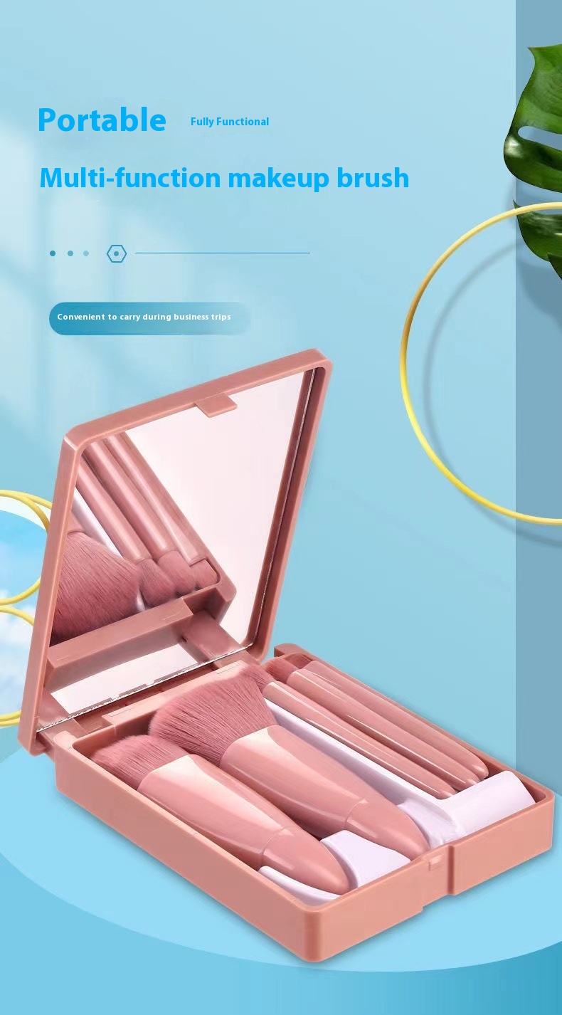 Multifunctional Portable Beauty Tools 5pcs Cosmetic Brush Set with Mirror Powder and Blush Brush for Face Application