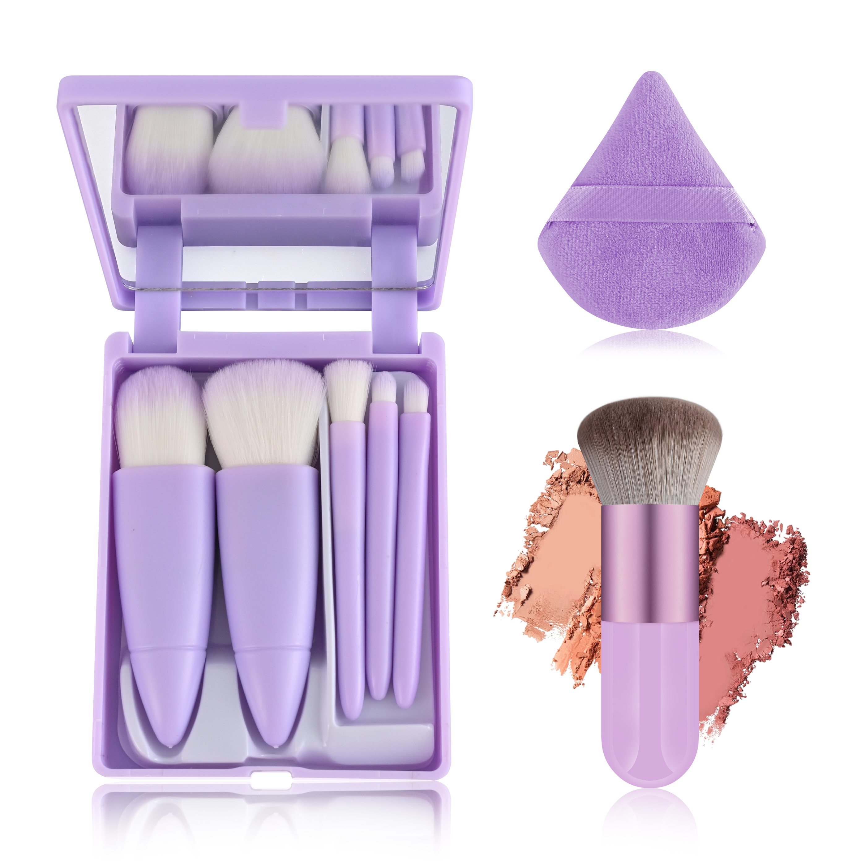 Delivery Within 72H Pink Cute Portable 5Pcs Mini Travel Make up Cosmetic Kabuki Brush Set Cosmetic Brushes Kit With Mirror