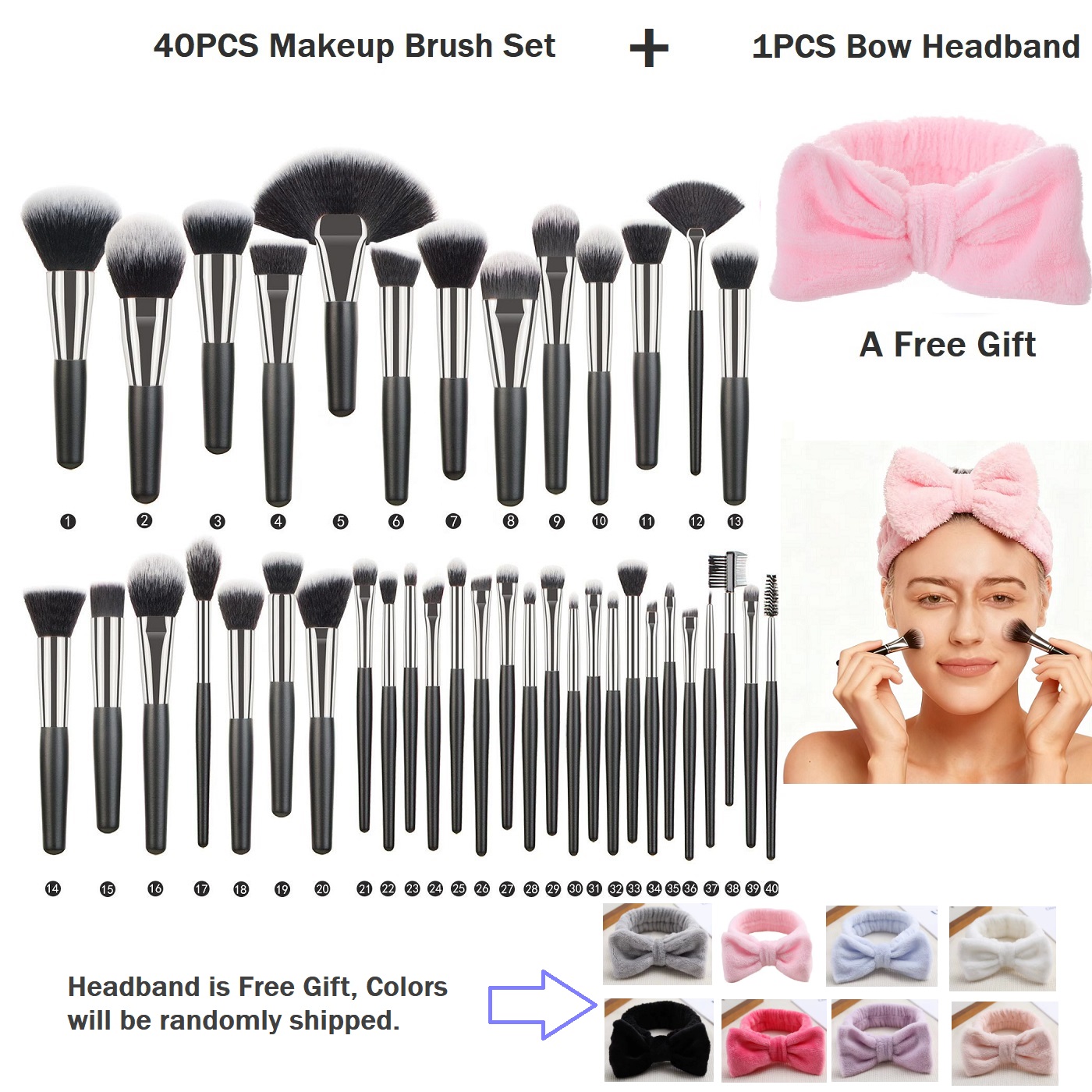 40Pcs Professional Cosmetic Brush Set Wooden Handle Synthetic Hair Face Use Makeup Brush Set Free Headband