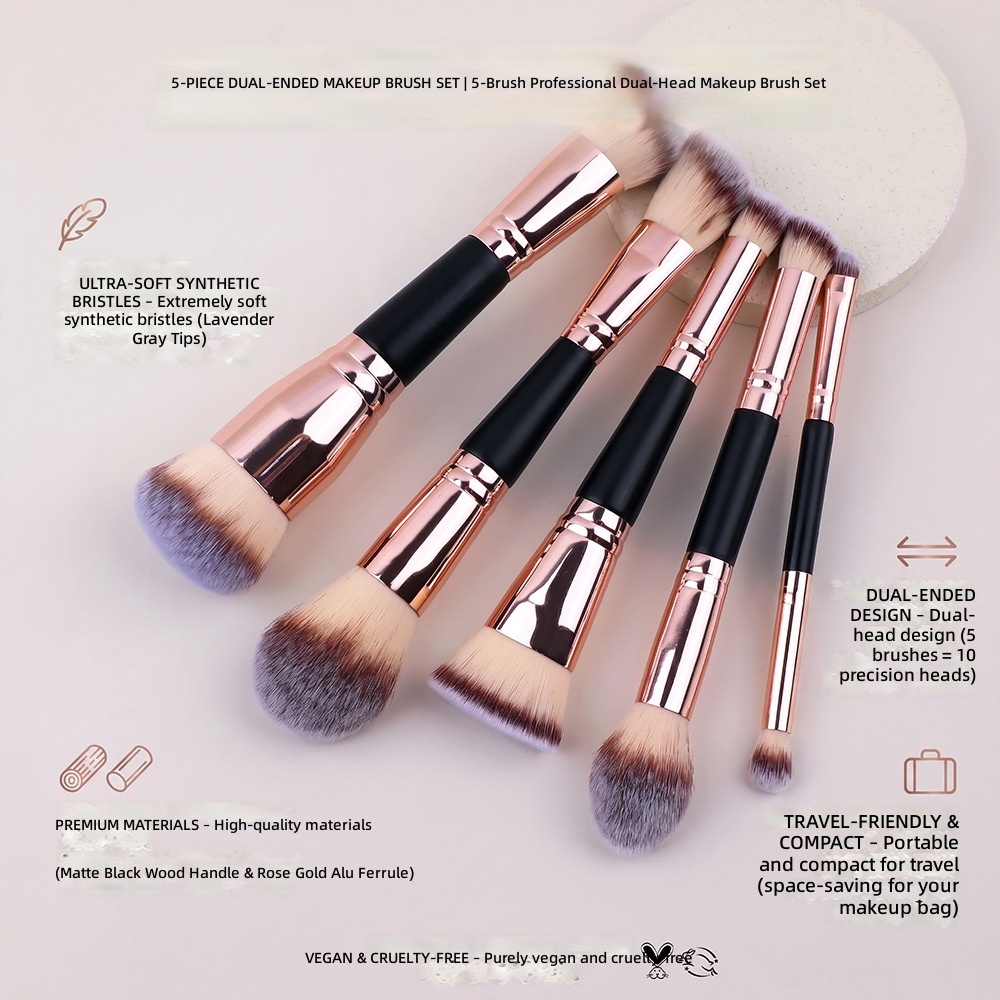 5 Piece Dual Ended Makeup Brush Set Ultra Soft Synthetic Bristles Matte Black Wood Handle Rose Gold Ferrule Travel Friendly
