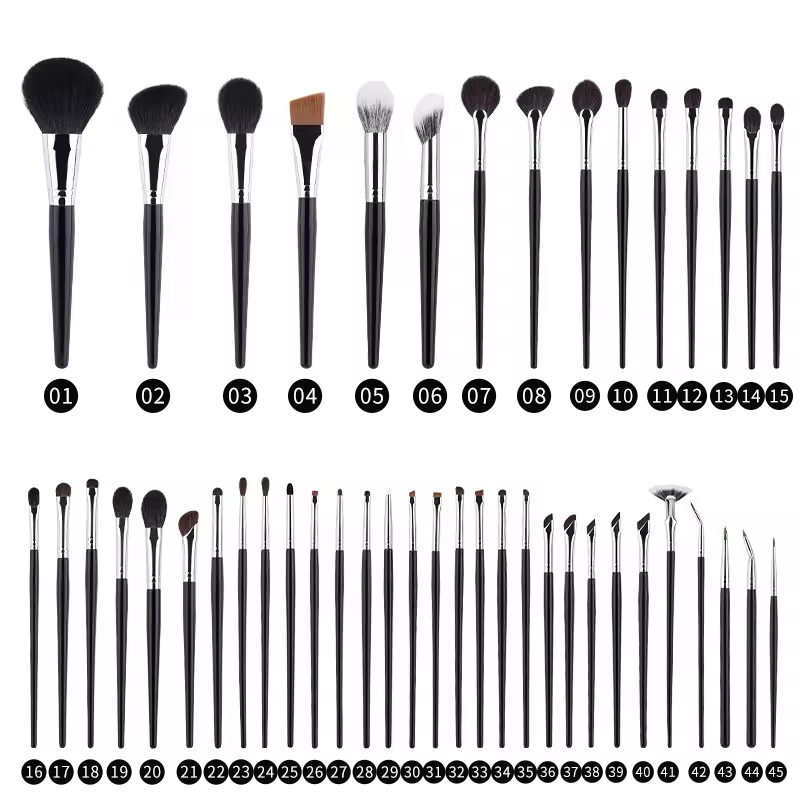 45PCS Professional Full Black Private Label For Women Natural Goat Hair Custom Logo High Quality Luxury Makeup Brushes Set