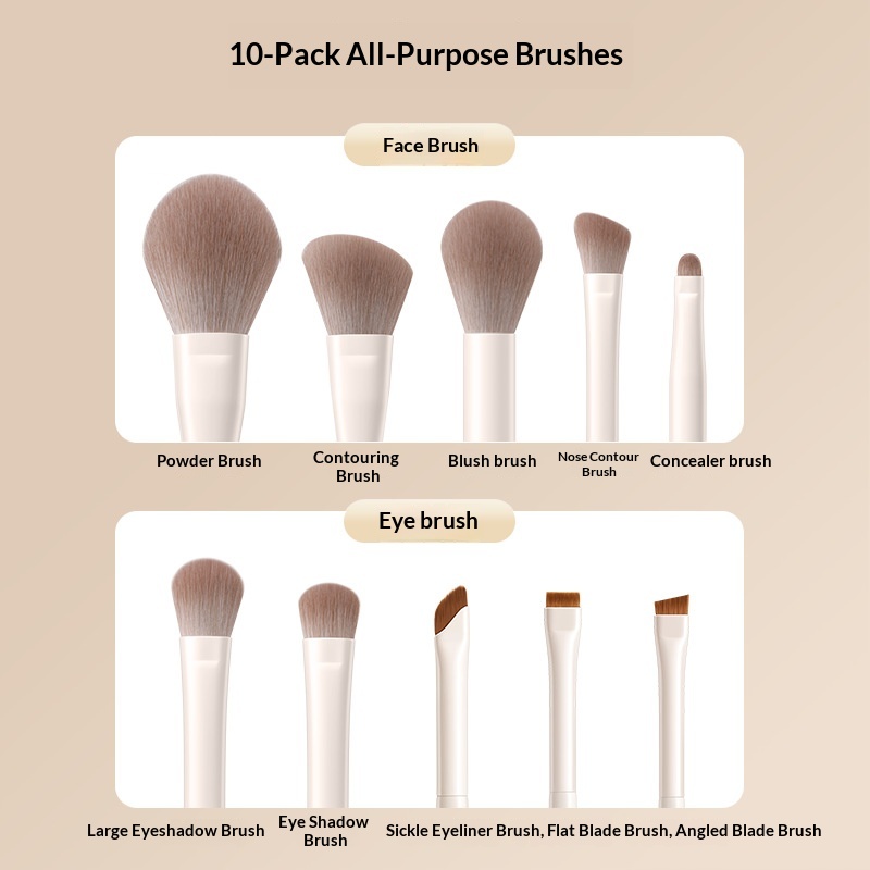 10-Piece Synthetic Fibre Makeup Brush Set for Eyeshadow Loose Powder Blush Contour &amp; Blending-Beginner Starter Complete Set