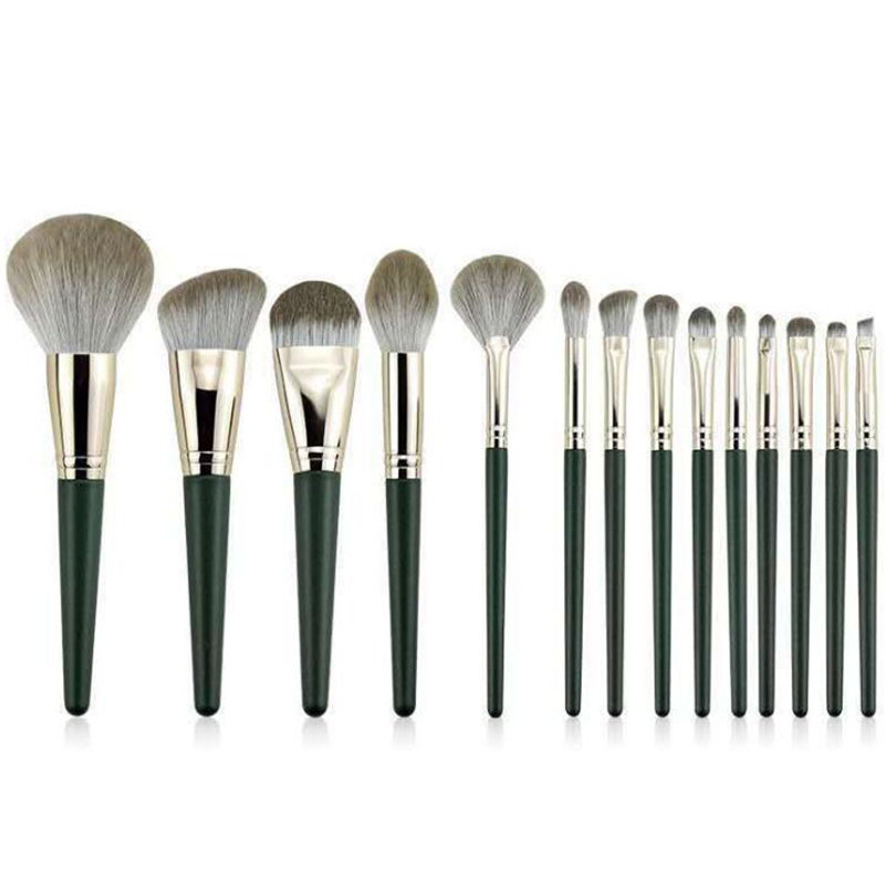 Private Label 14pcs Green Wooden Handle Cosmetic Makeup Brush Kits Natural Hair Vegan Makeup Brushes Set