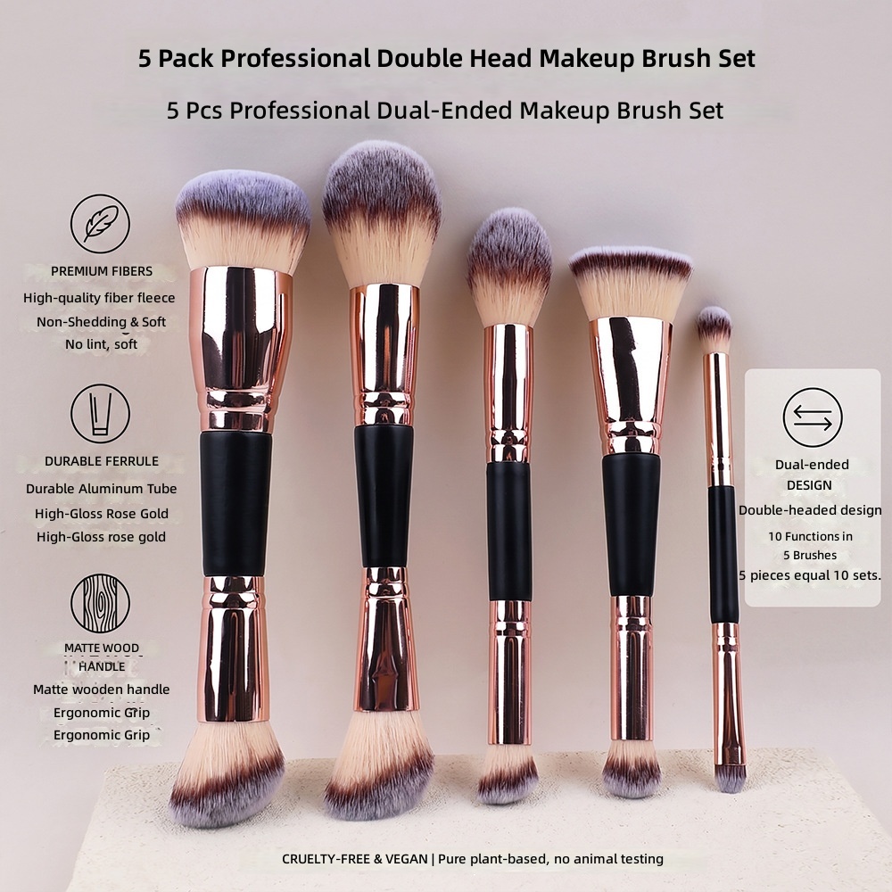 5 Piece Dual Ended Makeup Brush Set Ultra Soft Synthetic Bristles Matte Black Wood Handle Rose Gold Ferrule Travel Friendly