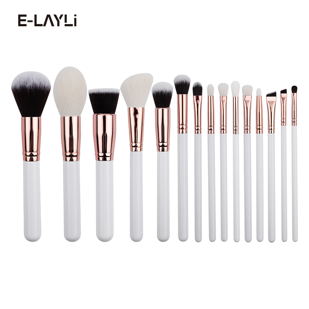 Good Price for Professional High Quality 15pcs Natural Hair Makeup Brushes Set White Rose Gold Powder Foundation Eyebrow Brushes
