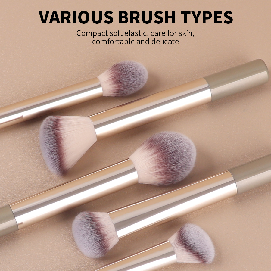 14-Piece Professional Face Makeup Brush Set with Synthetic Hair Flat Brushes Gold Metal Handle Travel Case &amp; Powder Puffs