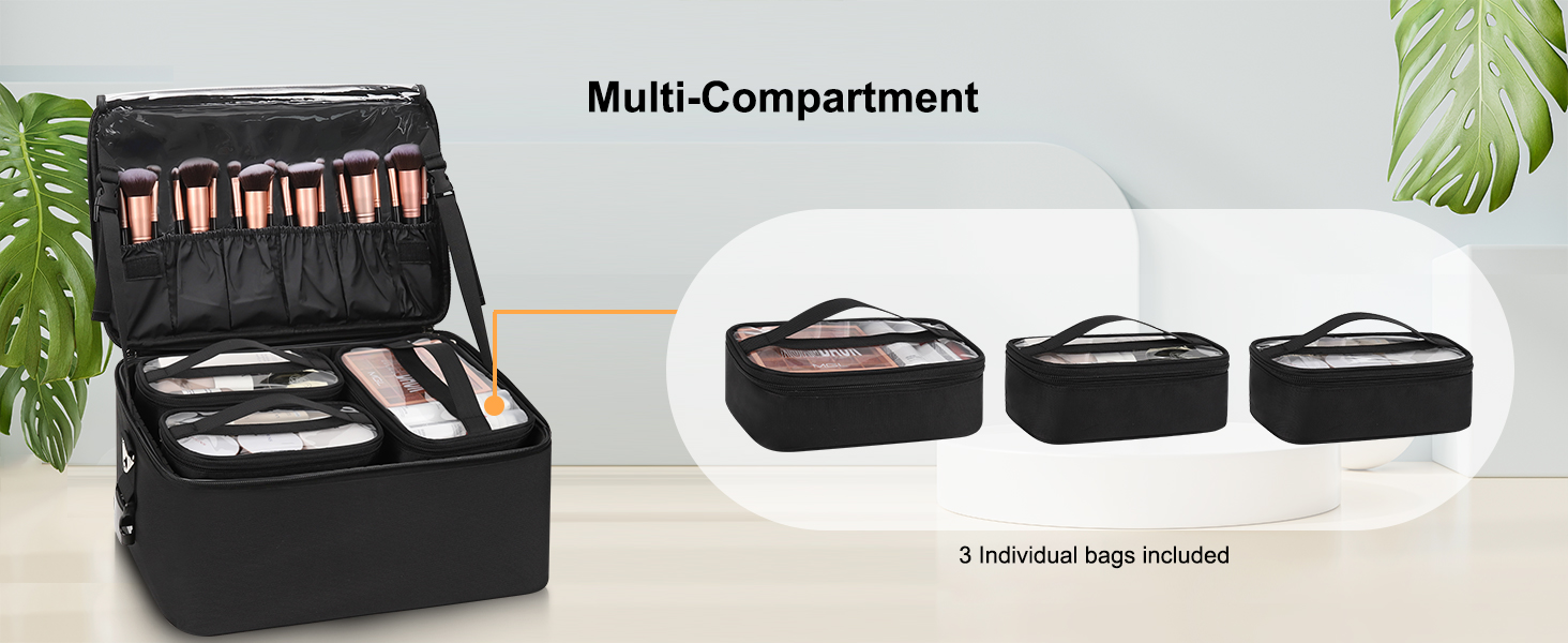 RelaveI Adjustable Makeup Organizer with 3 Sets of Clear Pockets Brush Holder and Cosmetic Bags &amp; Cases