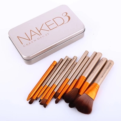 Portable Metal Box 12 Pieces Makeup Brushes for Daily Beauty Wood Handle Makeup Brush Set with Original LOGO