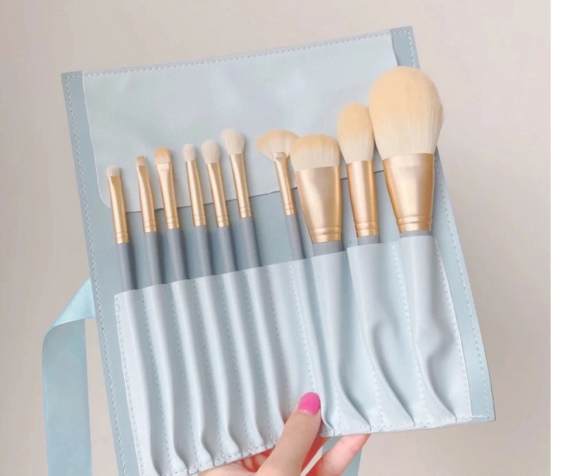 Portable Travel Makeup Brush Set 10Pcs - All-in-One Blending Kabuki Face Powder Brush Kit with Pouch