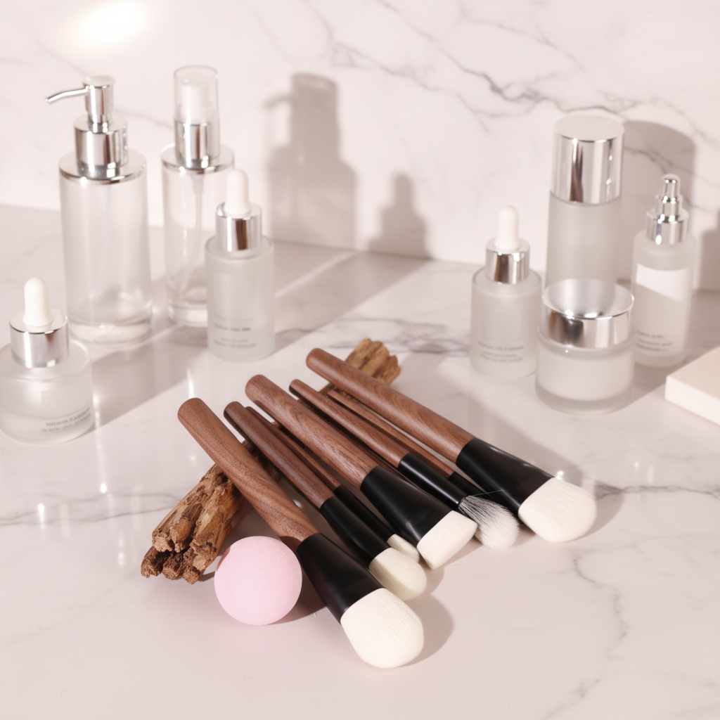Yoly Daily Waterproof Makeup Brush Set-Vegan Synthetic Hair Walnut Handle Smudge/Flat/Fan Styles Custom Logo Option
