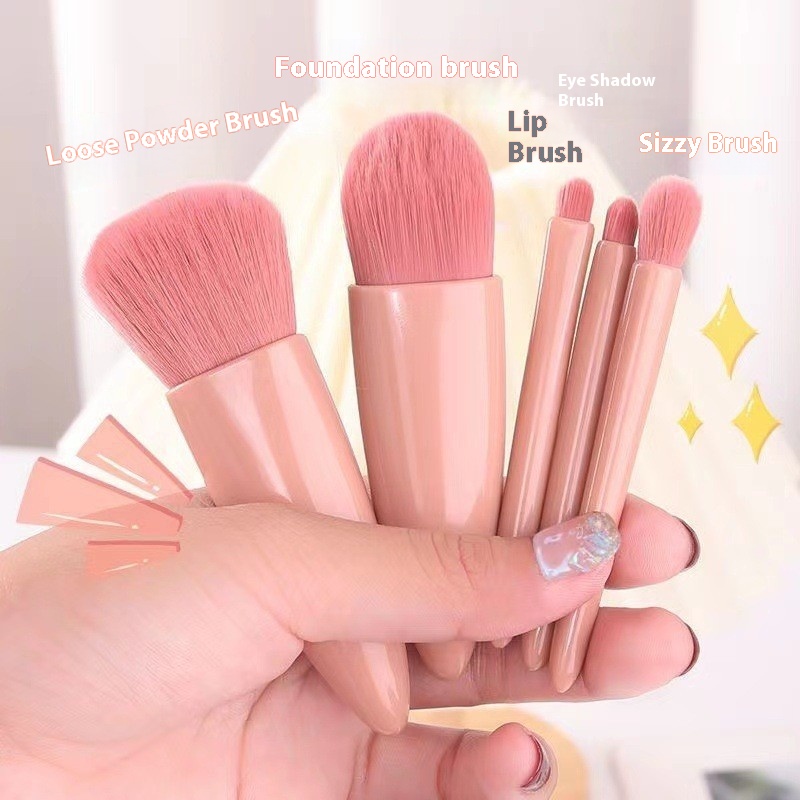 Multifunctional Portable Beauty Tools 5pcs Cosmetic Brush Set with Mirror Powder and Blush Brush for Face Application