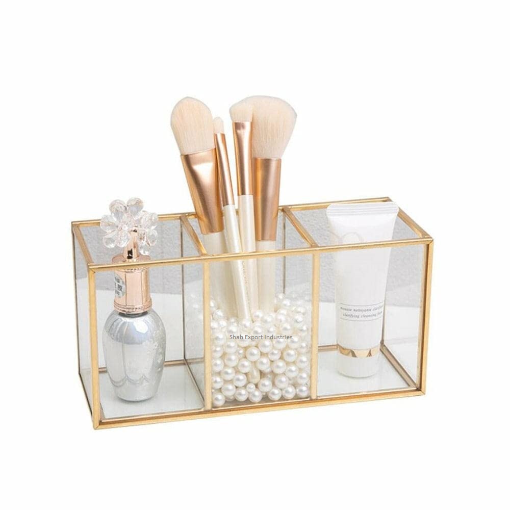 Gold Makeup Brush Holder Organizer Brass/Glass Makeup Brush Cup Vintage Style Cosmetic Brushes Holder