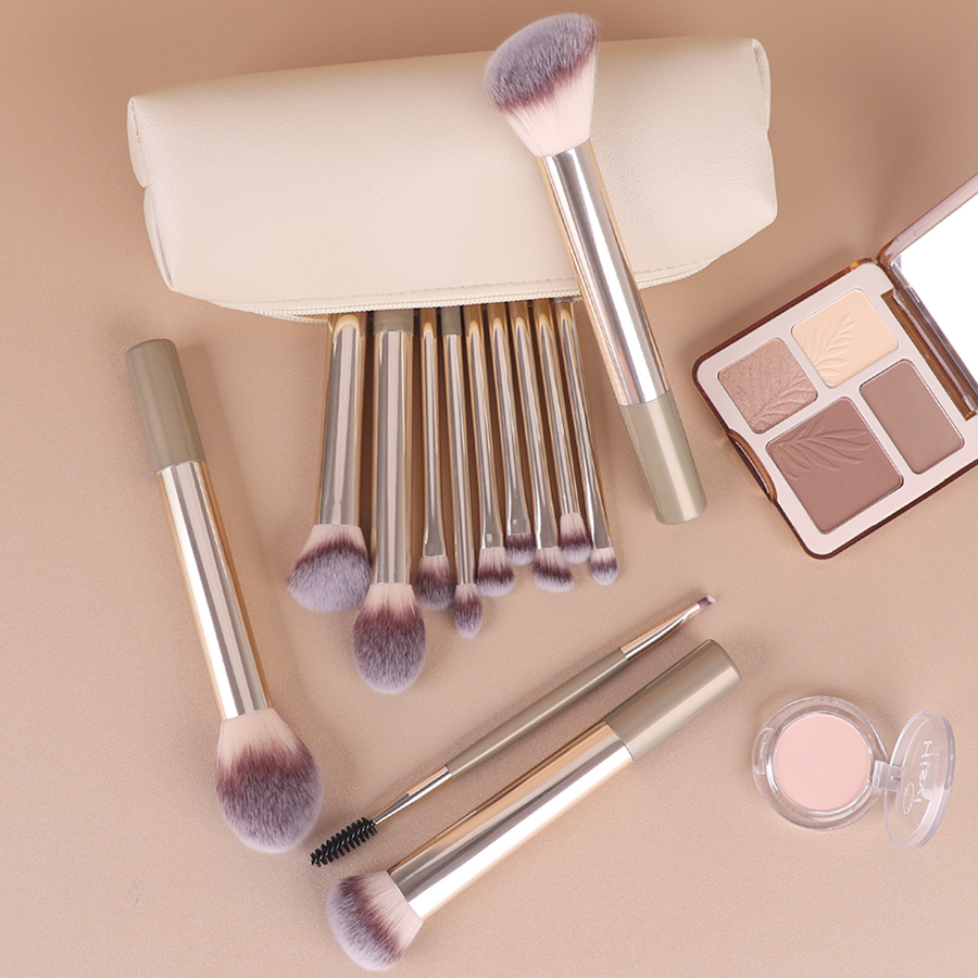 14-Piece Professional Face Makeup Brush Set with Synthetic Hair Flat Brushes Gold Metal Handle Travel Case &amp; Powder Puffs