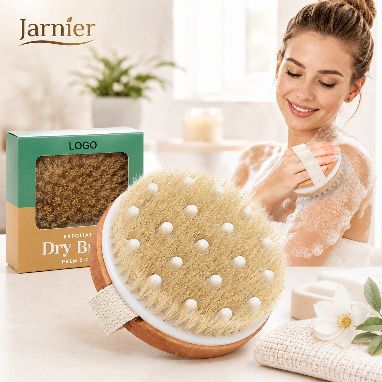 Jarnier Custom Logo Round Bamboo Wooden Body Brush Natural Bristle Facial Cleansing Brush For Skin Exfoliating And Dry Brushing