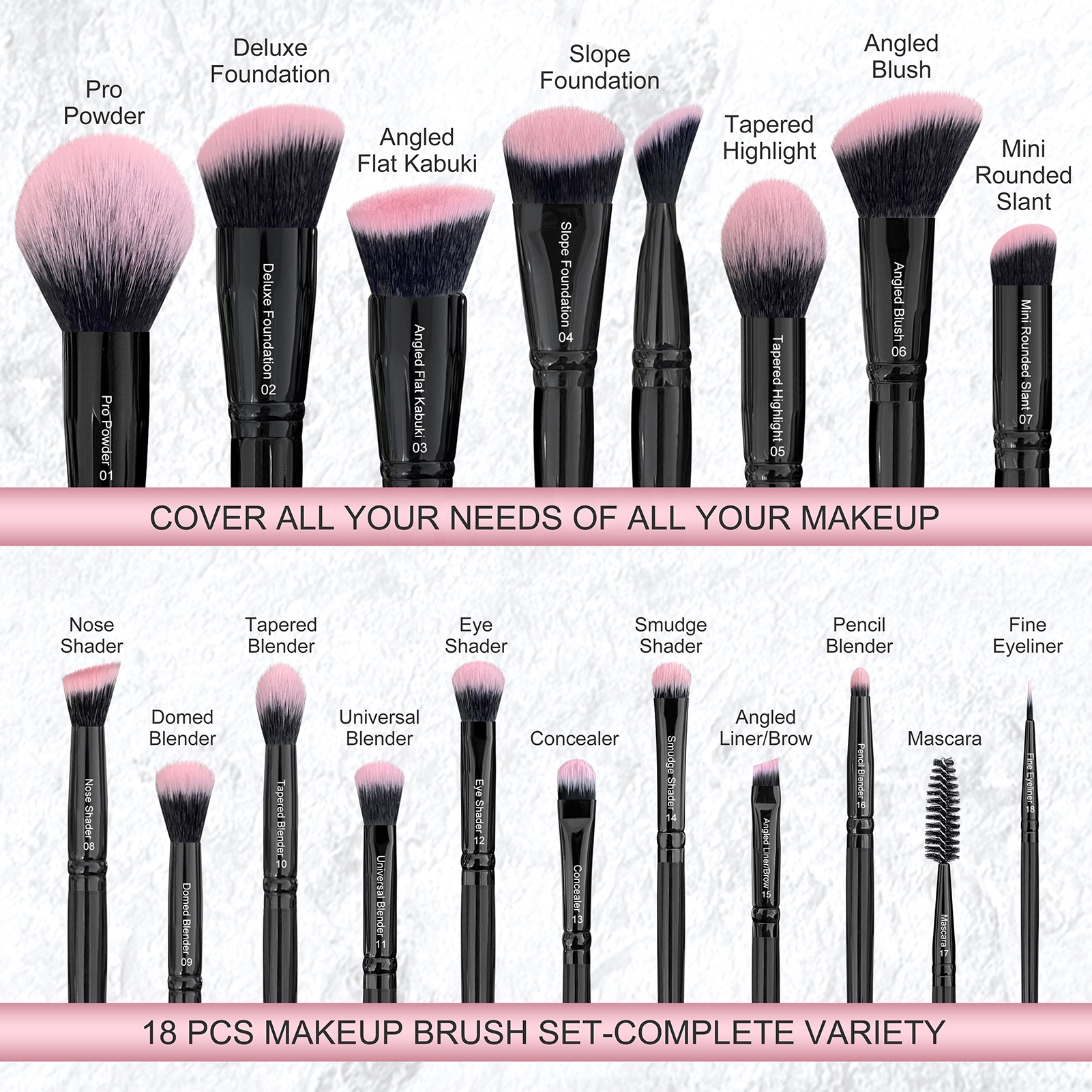 DailyQueen 19PCS Nano Hair Glossy Black Color Foundation Eyeliner Luxury Private Label Professional Custom Logo Makeup Brush Set