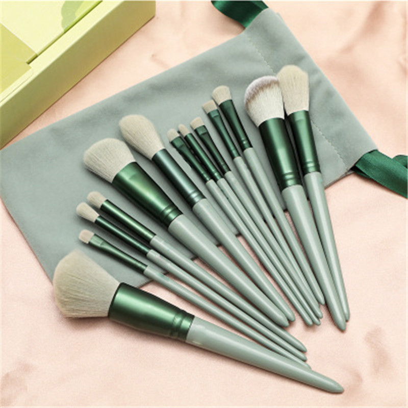 13 PCS Makeup Brush Set Premium Synthetic Green Foundation Blending Blush Face Powder Makeup Brush Kit