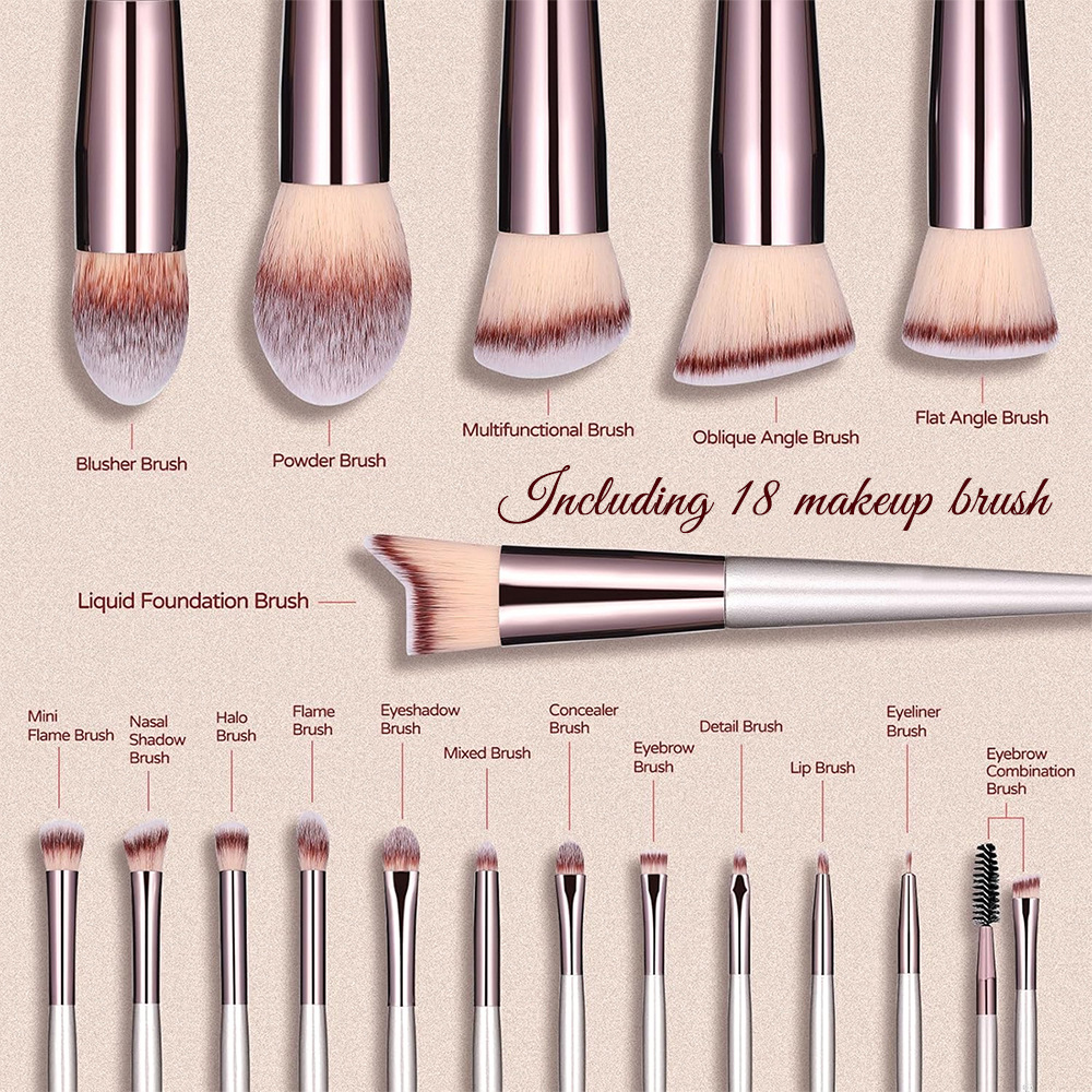 Professional 18-Piece Champagne Gold Makeup Brush Set Facial Loose Powder Blush Eye Shadow Concealer Blending Brush Makeup Tools