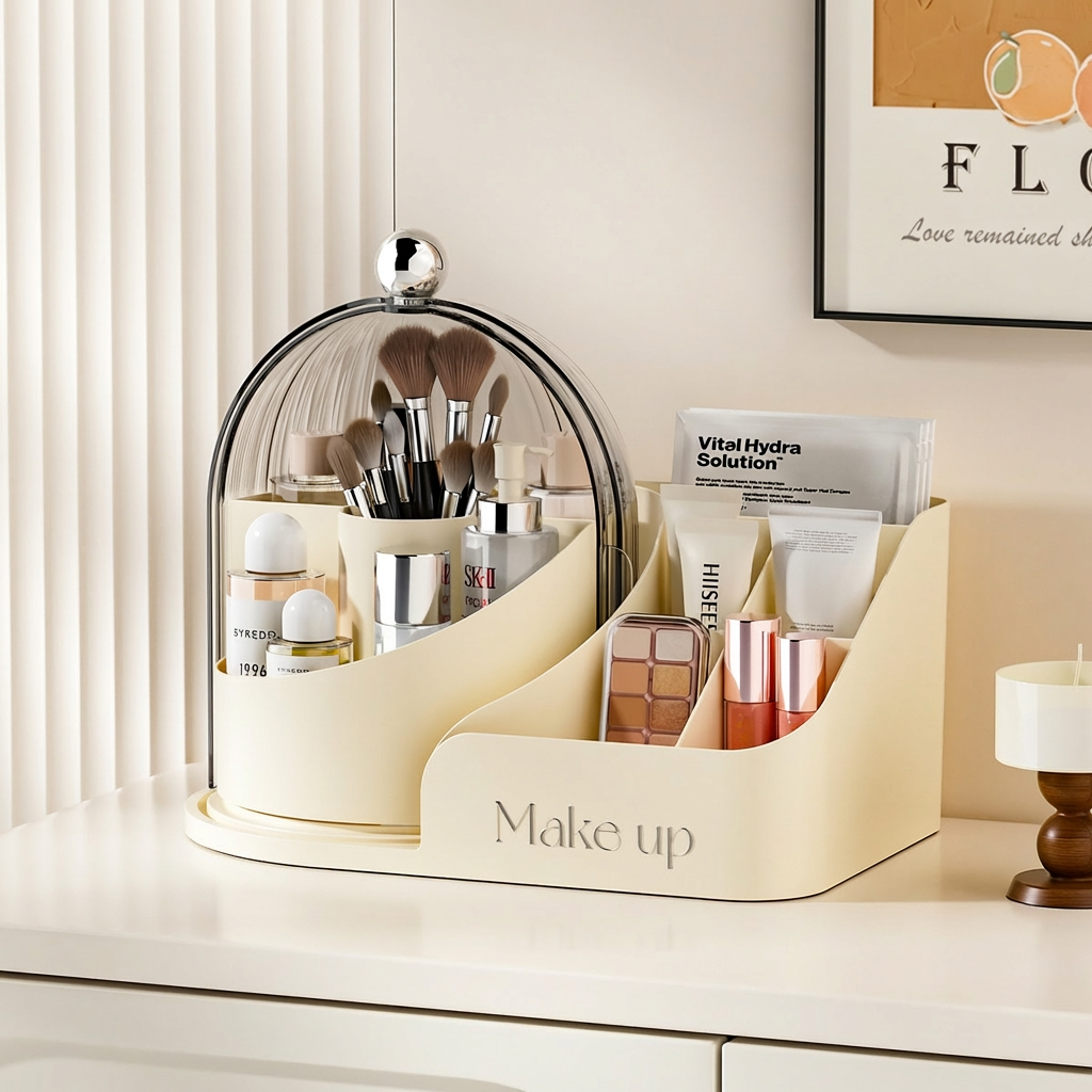 Makeup Storage Box Transparent Rotating Makeup Brush Set Dust-Proof Compartmentalized Lipstick &amp; Eyebrow Pencil Desk Organizer