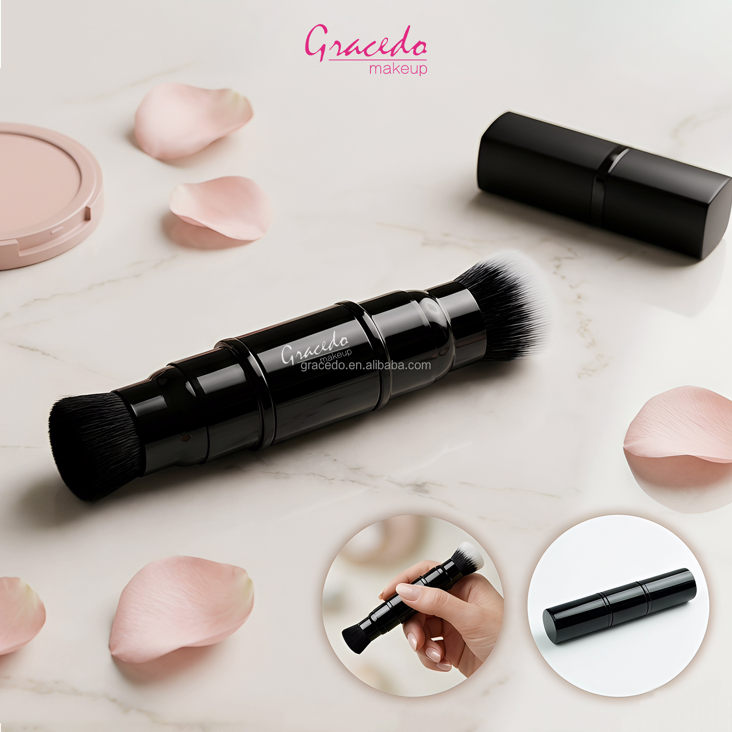 Custom Double Head Retractable Synthetic Hair Face Makeup Brush Black White Dual Ended Foundation Powder Brush Factory Wholesale