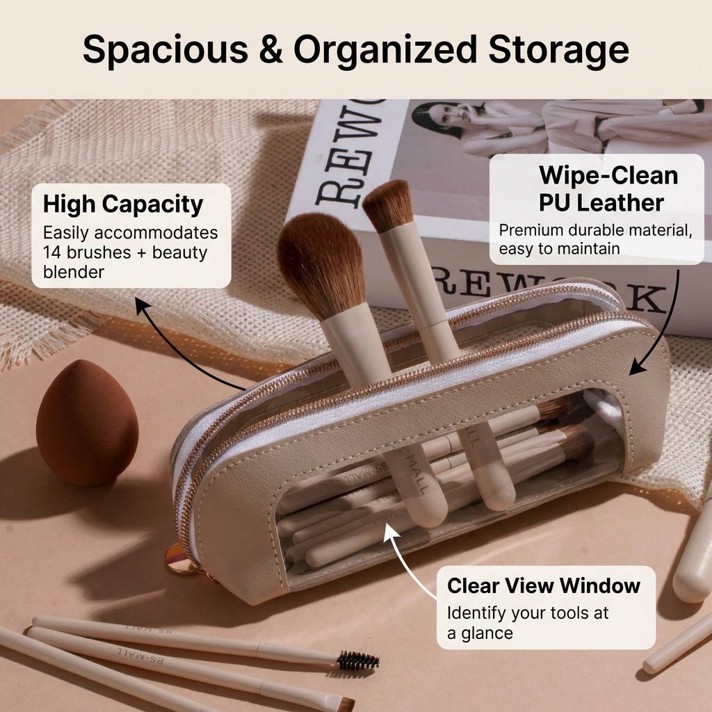 BS-MALL Travel Kit Makeup Brushes Set 14PCS Custom Logo Small Size Professional Face Make up Brushes Foundation Sponge with Bag