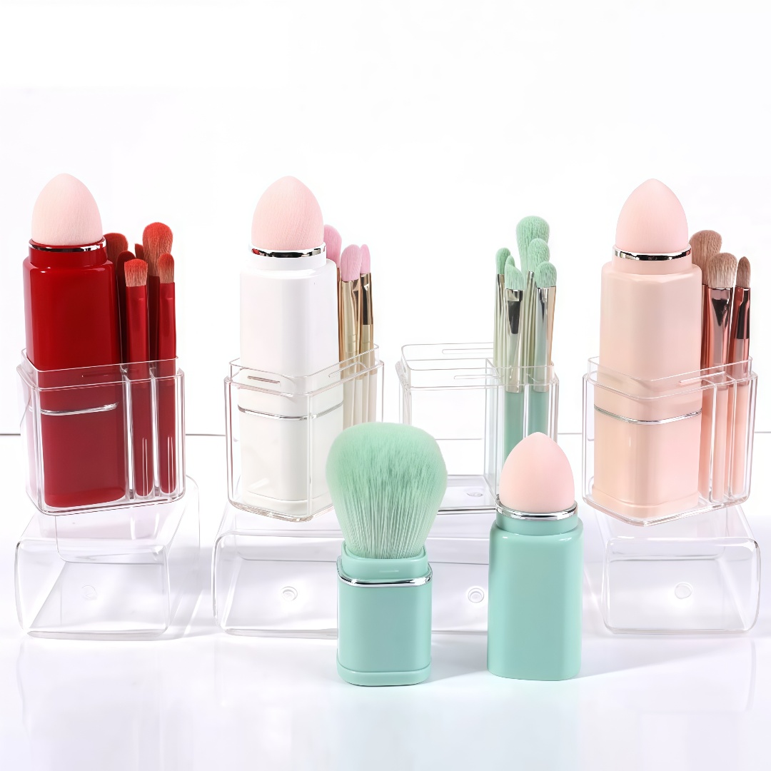 8-in-1 Eco-friendly Retractable Mini Travel Makeup Brush Set Storage Box Portable Synthetic Hair Face Foundation Blush Eyeshadow