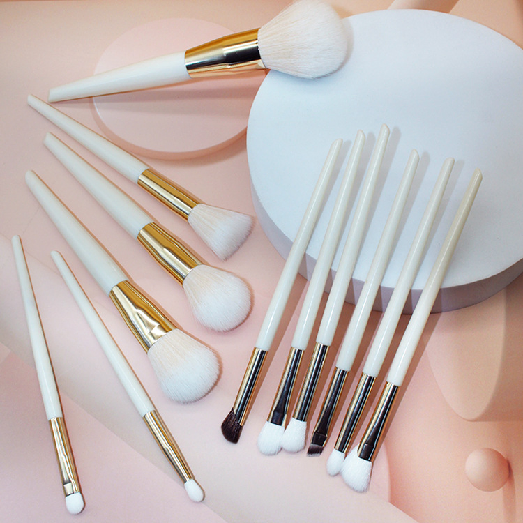Beautichen 12PCS White with Gold Ferrule Travel-Ready Brush Set - Plush Beginner-Friendly Loose Powder Brushes Full Kit