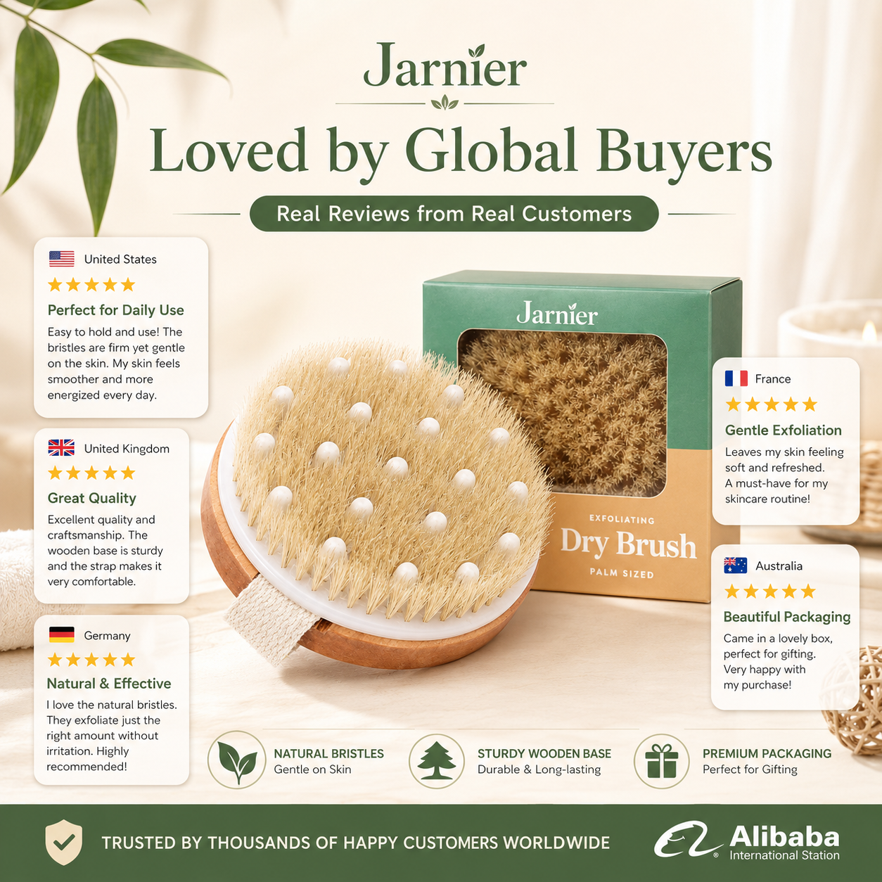 Jarnier Custom Logo Round Bamboo Wooden Body Brush Natural Bristle Facial Cleansing Brush For Skin Exfoliating And Dry Brushing