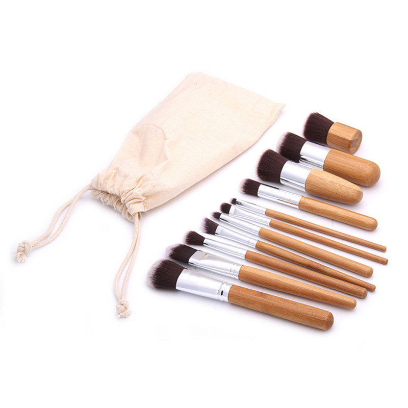 Custom logo 11pcs Makeup Brush Set Foundation with Cloth Bag Eco-friendly Bamboo Make up Brush Set Pincel De Maquiagem Kit