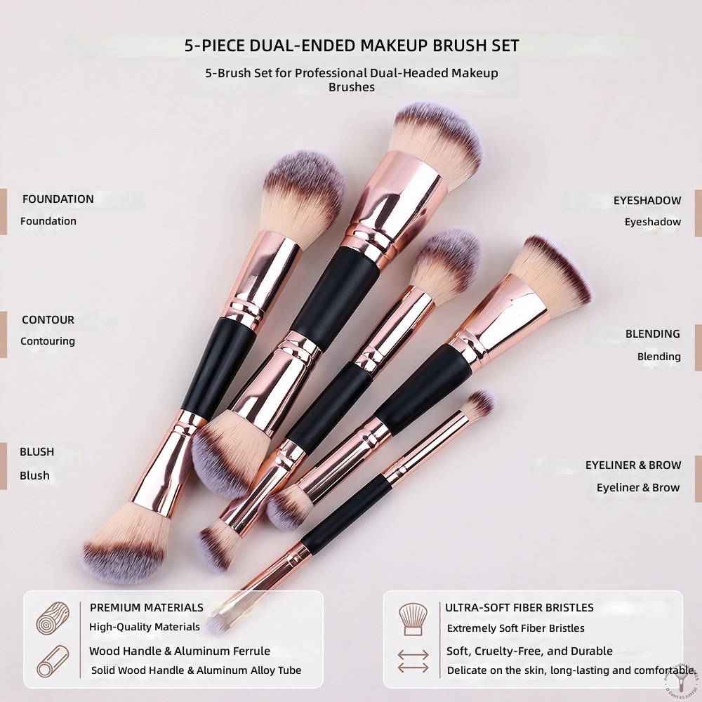 5 Piece Dual Ended Makeup Brush Set Ultra Soft Synthetic Bristles Matte Black Wood Handle Rose Gold Ferrule Travel Friendly