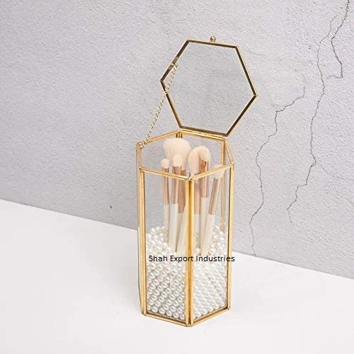 Set of 2 Gold Makeup Brush Holder Organizer Brass/Glass Makeup Brush Cup Vintage Style Cosmetic Brushes Holder