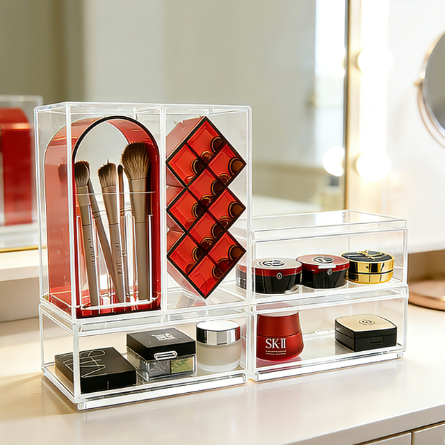 Acrylic Makeup, Luxury Acrylic Cosmetics Organizer Set - Stackable Vanity Storage System for Brushes, Skincare &amp; Lipstick