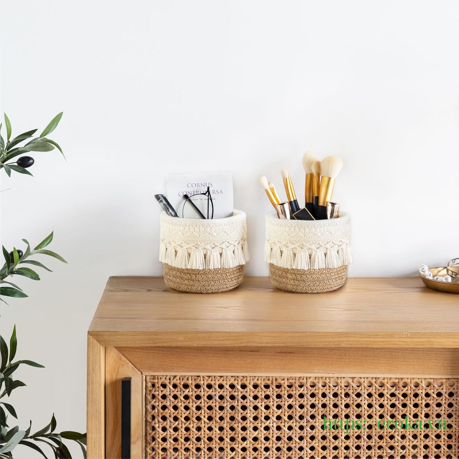 Macrame Waterproof Rectangle Makeup Brush Holder Organizer Comb Brushes Mini Storage Basket Set 2 Modern Decor Pen Pencil Box