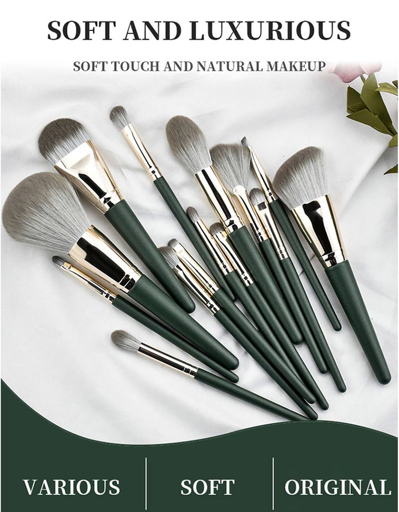 Private Label 14pcs Green Wooden Handle Cosmetic Makeup Brush Kits Natural Hair Vegan Makeup Brushes Set
