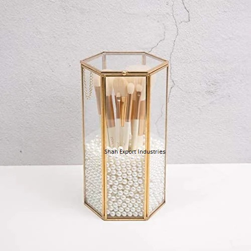 Set of 2 Gold Makeup Brush Holder Organizer Brass/Glass Makeup Brush Cup Vintage Style Cosmetic Brushes Holder