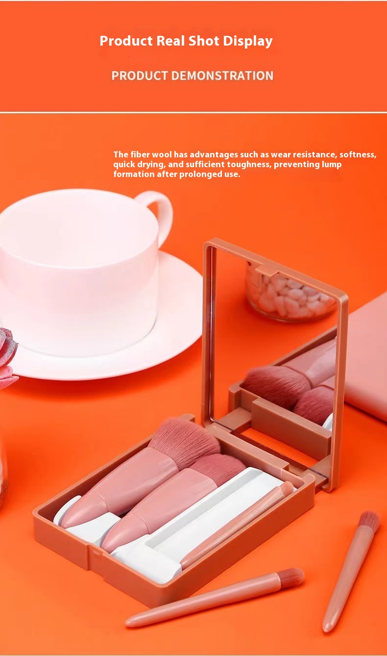 Multifunctional Portable Beauty Tools 5pcs Cosmetic Brush Set with Mirror Powder and Blush Brush for Face Application
